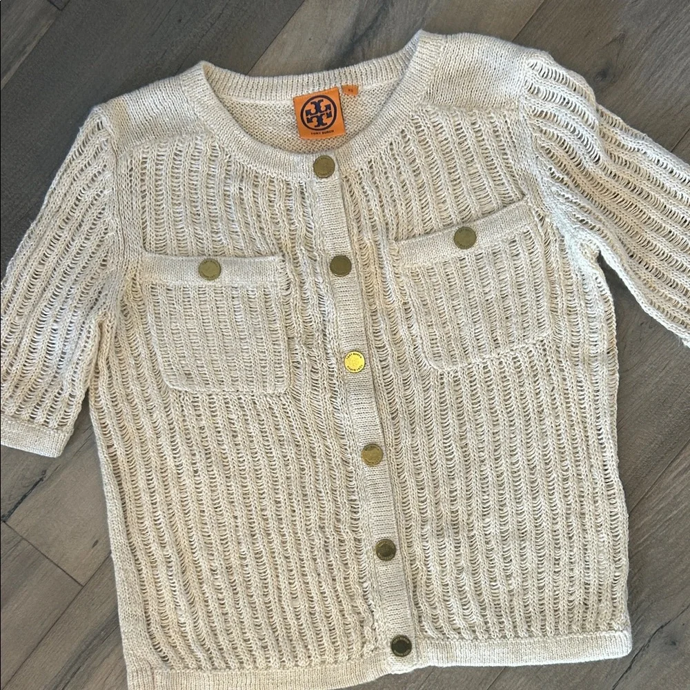 Tory Burch Cream Open Knit Button-Front Cardigan